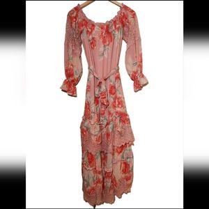 Flying Tomato Champagne & Strawberry floral maxi dress size small